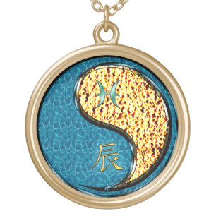 Pisces & Fire Dragon Gold Plated Necklace