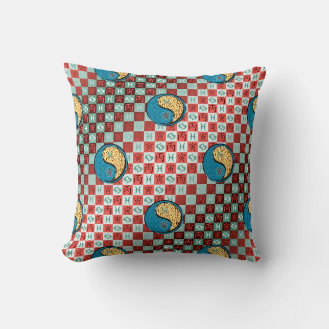 Pisces & Fire Tiger Throw Pillow (Front)