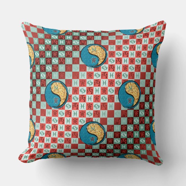 Pisces & Fire Tiger Throw Pillow (Front)