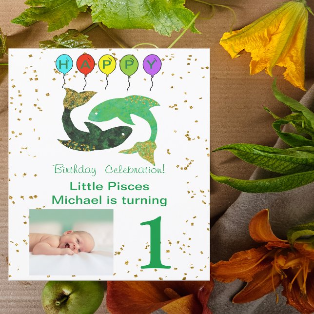 Pisces First Birthday Gold, Balloons & Photo Invitation (Creator Uploaded)