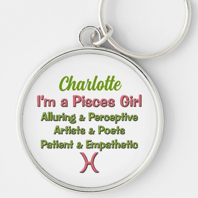Pisces Girl Zodiac in Pink with Green Keychain (Front)