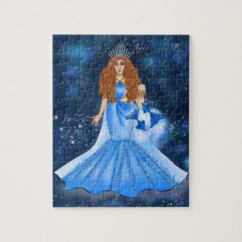Pisces Goddess in Blue Celestial Galaxy  Jigsaw Puzzle