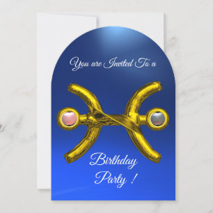 PISCES Gold Aqua Blue Zodiac Birthday Party Invitation