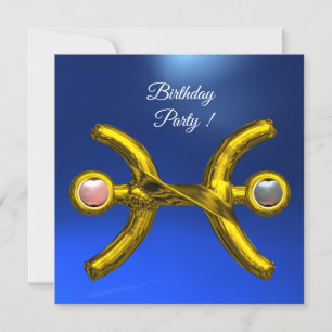 PISCES Gold Aqua Blue Zodiac Birthday Party Invitation