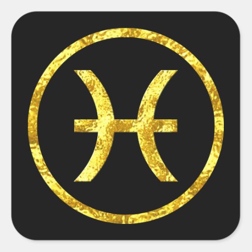 Pisces Gold Black Circle Symbol Hammered Gold Look Square Sticker