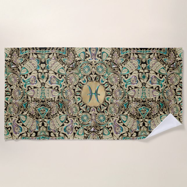 Pisces Gold Lace Mandala Beach Towel (Front)