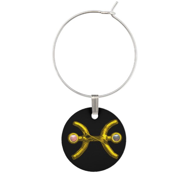 PISCES GOLD ZODIAC BIRTHDAY JEWEL WITH PEARLS WINE GLASS CHARM (Front)