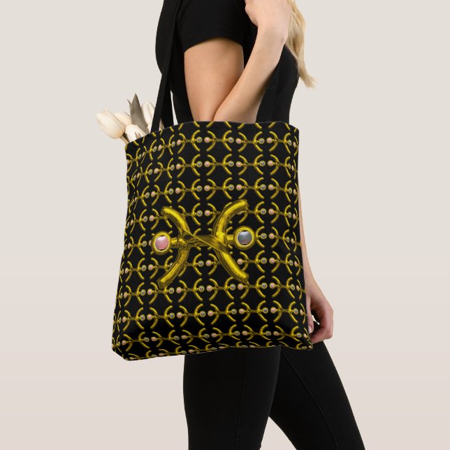 PISCES GOLD ZODIAC BIRTHDAY JEWELS WITH PEARLS TOTE BAG (Close Up)
