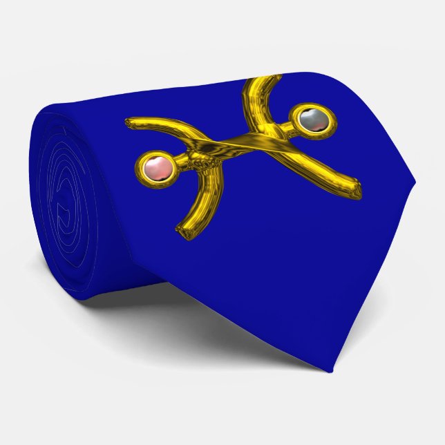 PISCES Gold Zodiac Birthday Sign, Pearls,Blue Neck Tie (Rolled)