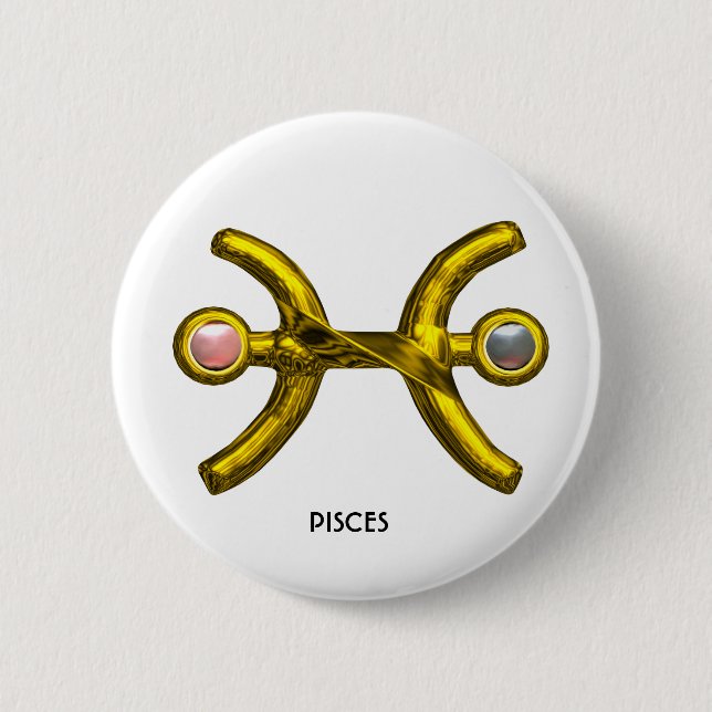 PISCES Gold Zodiac Birthday Sign,White Pink Pearls Button (Front)