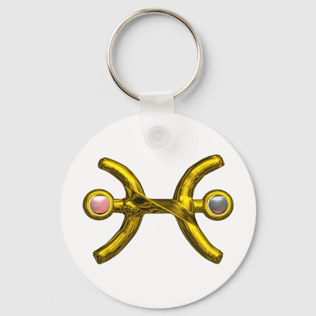 PISCES Gold Zodiac Birthday Sign,White Pink Pearls Keychain (Front)