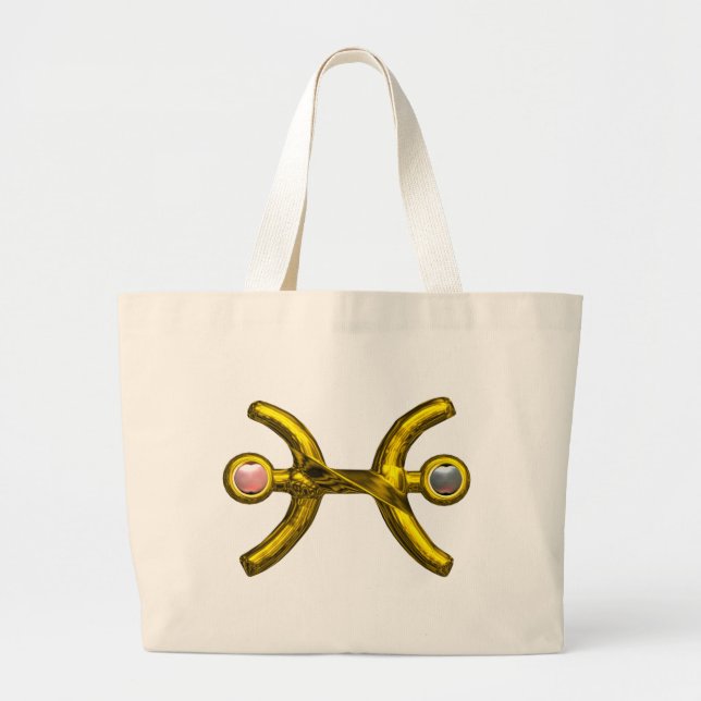 PISCES Gold Zodiac Birthday Sign,White Pink Pearls Large Tote Bag (Front)