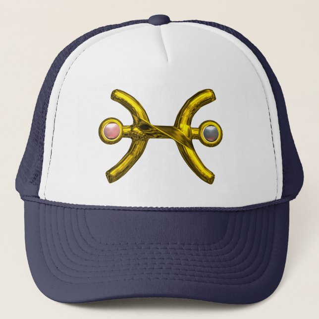 PISCES Gold Zodiac Birthday Sign,White Pink Pearls Trucker Hat (Front)