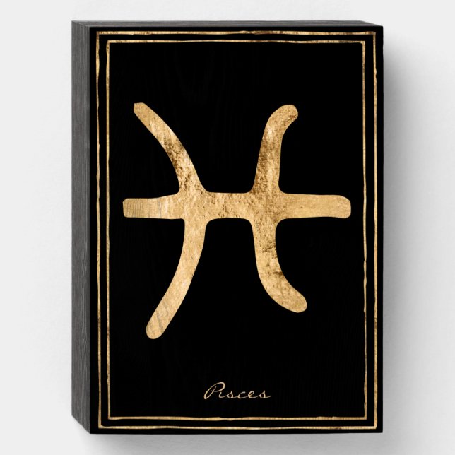 Pisces hammered gold stylized astrology symbol wooden box sign (Front Vertical)
