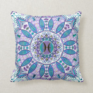 Pisces Mandala in Turquoise and Purple Throw Pillow