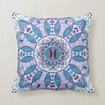Pisces Mandala In Turquoise And Purple Throw Pillow by UROCKSymbology at Zazzle