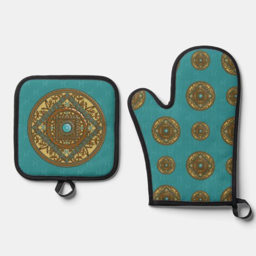 Pisces Mandala Oven Mitt  Pot Holder Set