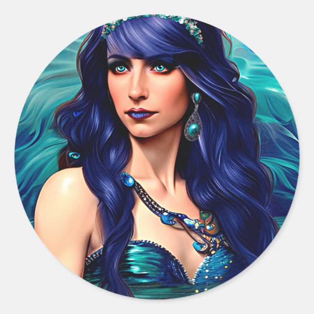 Pisces Mermaid Queen Original Fantasy art    Classic Round Sticker (Front)