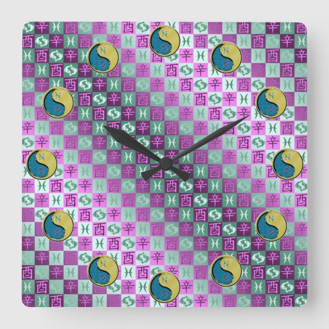 Pisces & Metal Rooster Square Wall Clock (Front)