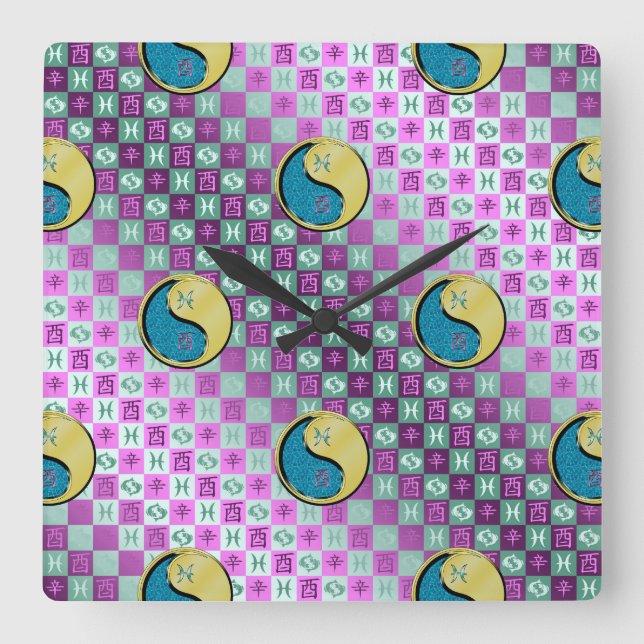 Pisces & Metal Rooster Square Wall Clock (Front)