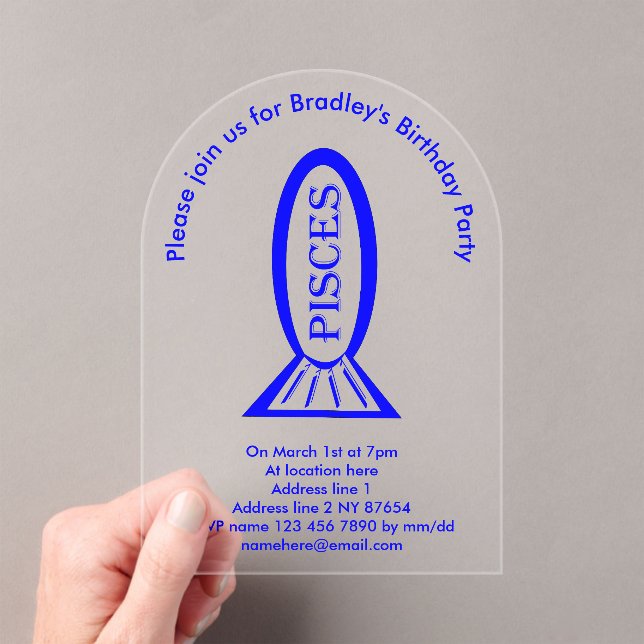 Pisces Star Sign Fish Custom Birthday Party Acrylic Invitations (Insitu (Handheld))