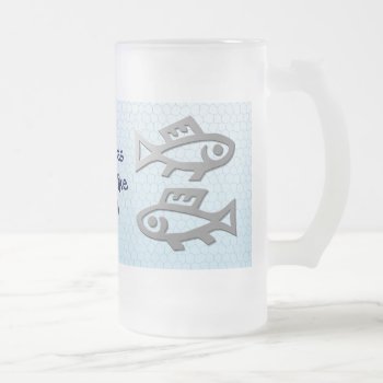 Pisces Star Sign Silver Fish On Blue Drinks Glass Frosted Glass Beer Mug by zodiac_shop at Zazzle