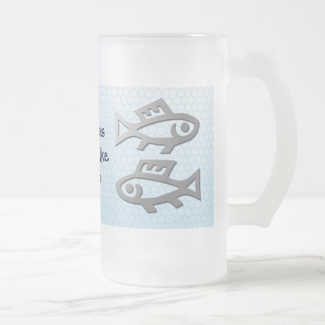 Pisces Star Sign Silver Fish on Blue Drinks Glass Frosted Glass Beer Mug (Right)