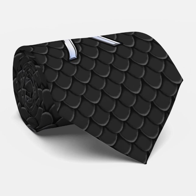 Pisces Symbol on Black Snake Skin style Neck Tie (Rolled)