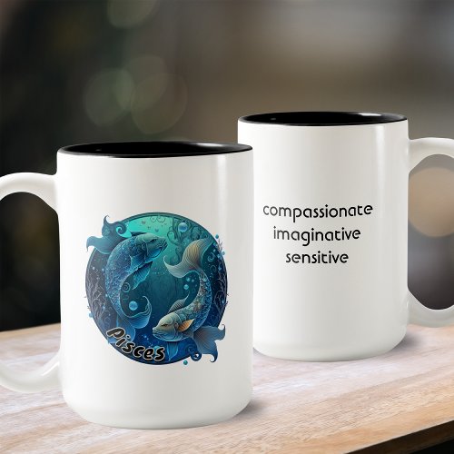  Pisces Teal and Black Watercolor Zodiac Two_Tone Coffee Mug