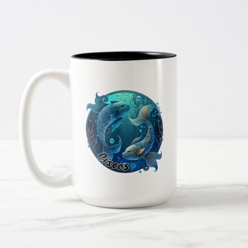  Pisces Teal and Black Watercolor Zodiac Two_Tone Coffee Mug