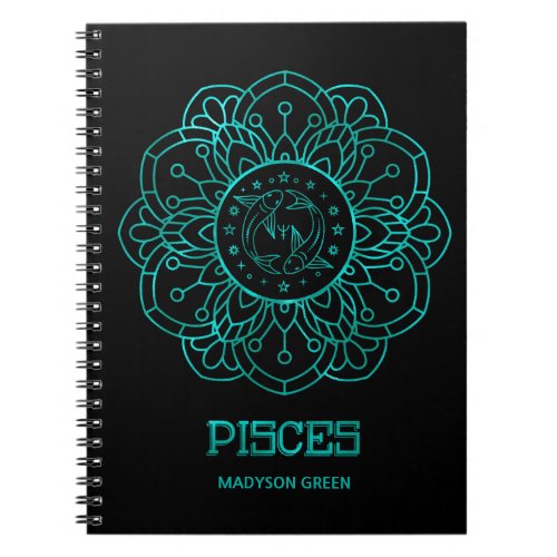 Pisces Teal Mandala Zodiac Sign Personalized Notebook