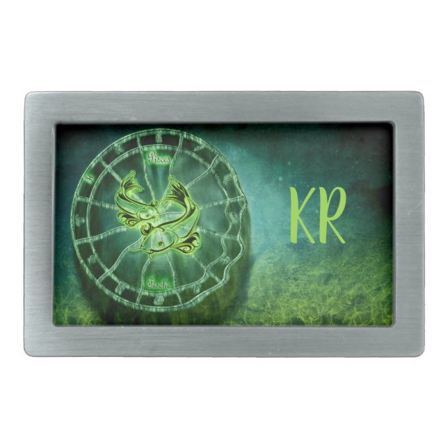 Pisces the Fish Zodiac Astrology Sign Monogrammed Belt Buckle (Front)