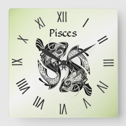 Pisces the Fish Zodiac Clock Green Roman Numerals