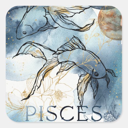 Pisces twin fish zodiac black gold flowers planets square sticker
