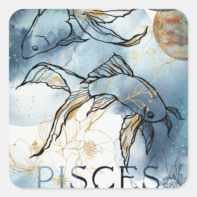 Pisces twin fish zodiac black gold flowers planets square sticker (Front)