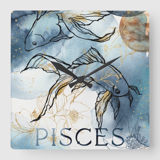 Pisces twin fish zodiac black gold flowers planets square wall clock (Front)