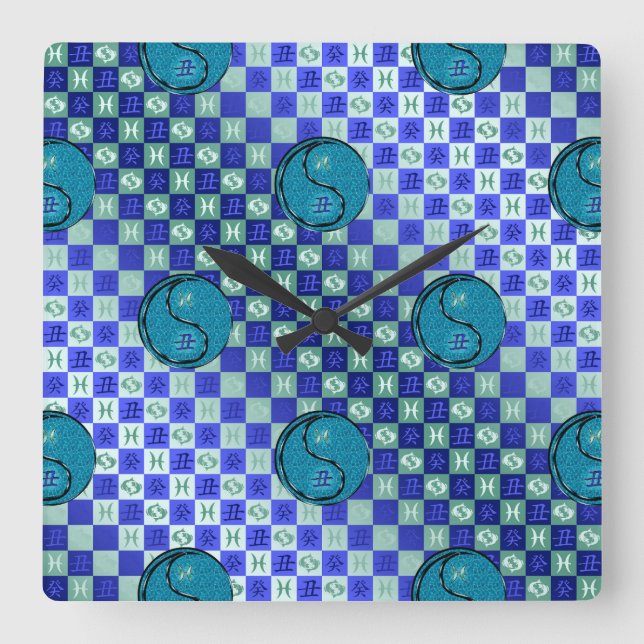 Pisces & Water Ox Square Wall Clock (Front)