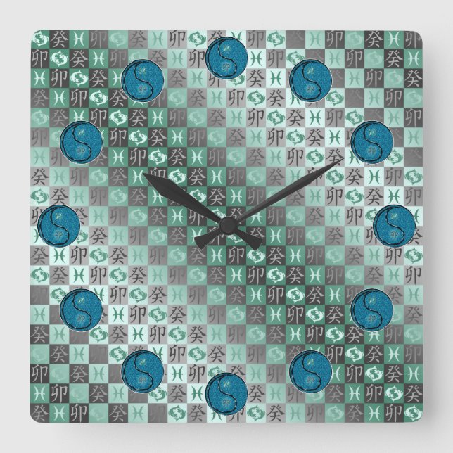 Pisces & Water Rabbit Square Wall Clock (Front)
