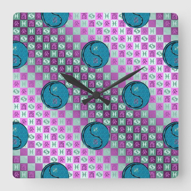 Pisces & Water Rooster Square Wall Clock (Front)