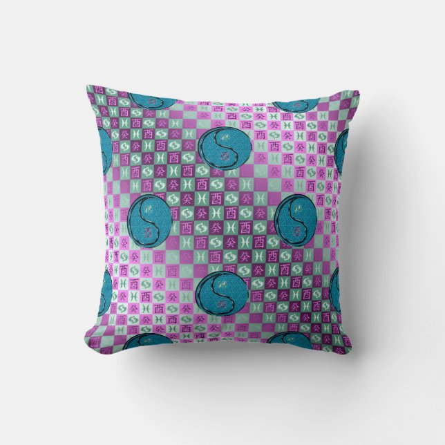 Pisces & Water Rooster Throw Pillow (Front)