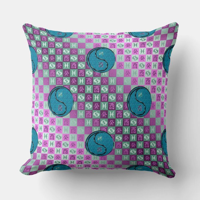 Pisces & Water Rooster Throw Pillow (Front)