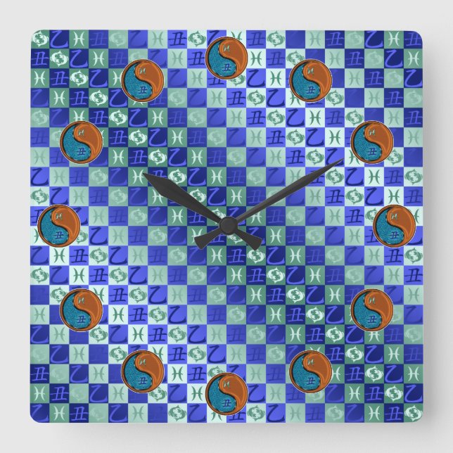 Pisces & Wood Ox Square Wall Clock (Front)