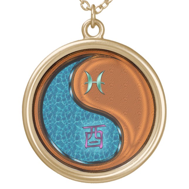 Pisces & Wood Rooster Gold Plated Necklace (Front)