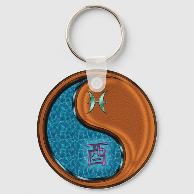 Pisces & Wood Rooster Keychain (Front)