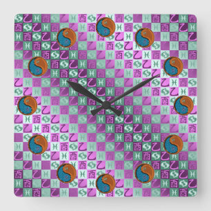 Pisces & Wood Rooster Square Wall Clock