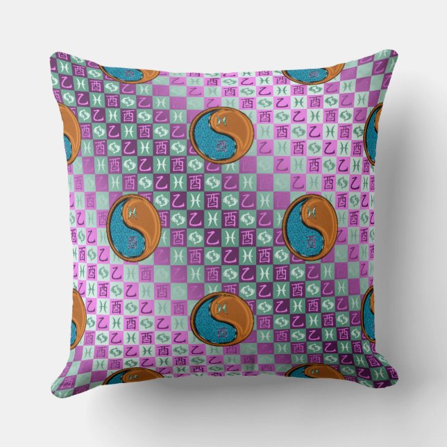 Pisces & Wood Rooster Throw Pillow (Back)