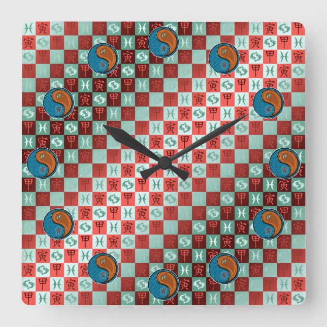 Pisces & Wood Tiger Square Wall Clock (Front)