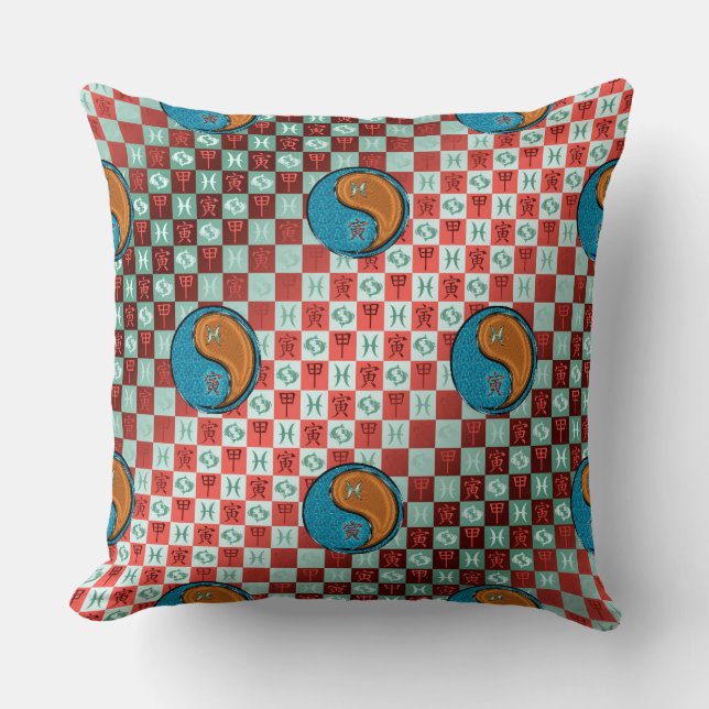 Pisces & Wood Tiger Throw Pillow (Front)
