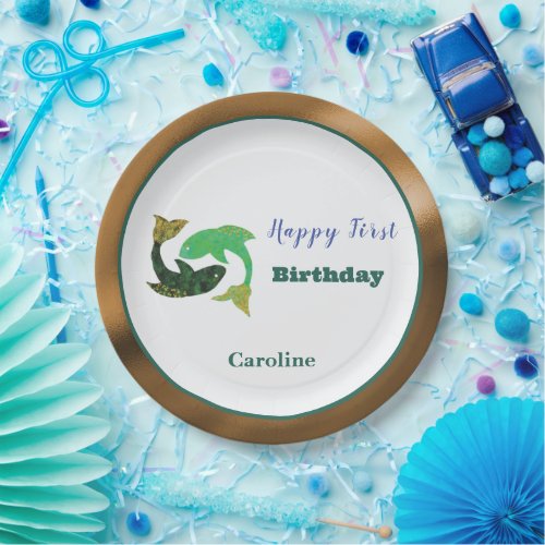 Pisces Zodiac 1st Birthday Gold & Green Artistic Paper Plates