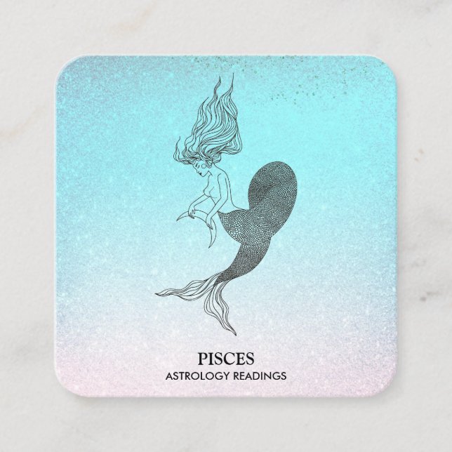*~* PISCES Zodiac Astrology Reading Aqua Glitter Square Business Card (Front)